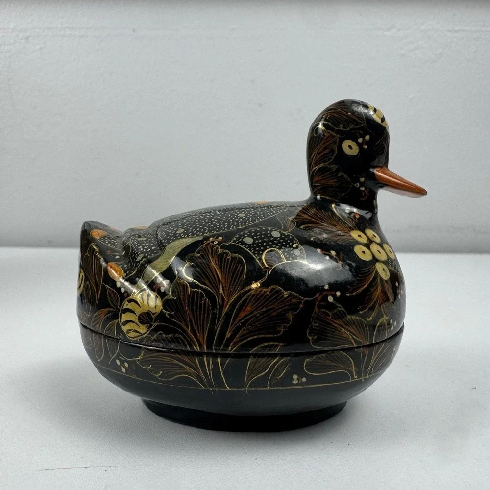 Vtg 80s Kubla Crafts Kashmir Hand Painted Duck Trinket Box Boho Cottagecore